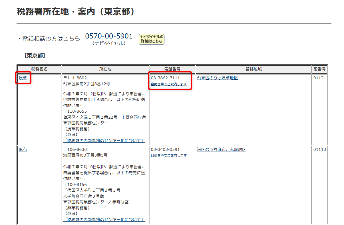 確定申告の問い合わせ電話番号は?e-Tax・作成コーナーヘルプデスクも紹介浅草の税務署の電話番号が表示されました。