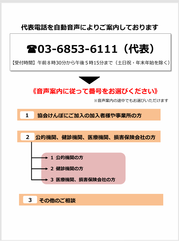 協会けんぽの問い合わせ先は?都道府県支部の電話番号を調べる方法自動音声ガイダンスの番号が表示されます。